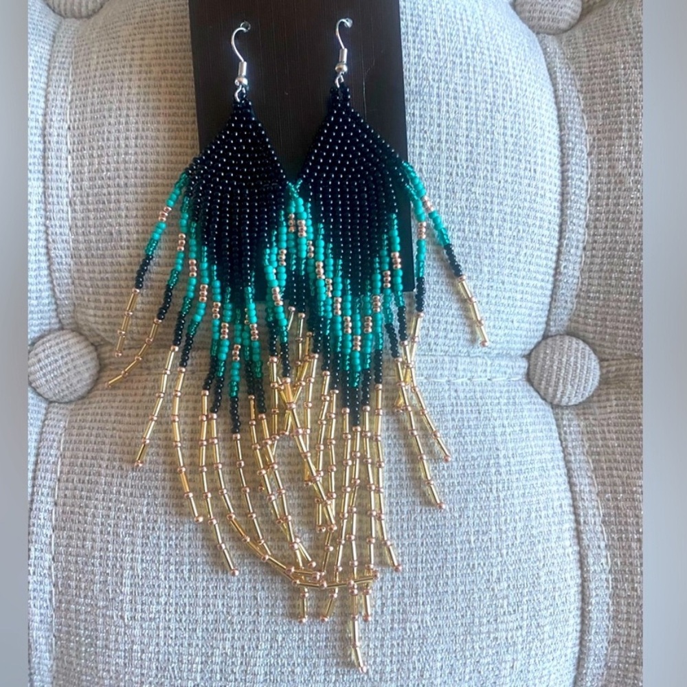 Boho 6” long Beaded Tassel Earrings. Turquoise black and gold colored. Handmade